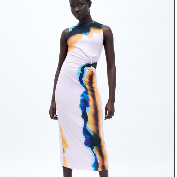 Zara Dresses & Skirts - Zara Watercolor Print Cutout Dress (EUC)